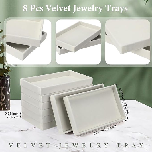 Inbagi 8 Pcs Small Velvet Jewelry Tray Stackable Jewelry Drawers Organizer Trays Jewelry Storage Trays 8.3 x 4.7 x 1 Inches (Beige)
