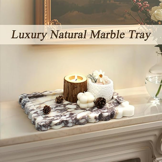 100% Real Natural Marble Tray, Genuine Calacatta Viola Scalloped Stone Tray, Luxury Decorative Trays for Bathroom Dresser, Vanity, Home, Kitchen Decor, Non-Resin/Ceramic, 10.6"x 8", Purple