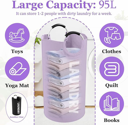 Set of 2 Collapsible Laundry Baskets with Aluminum Handles, 95L Large Laundry Baskets in 600D Oxford Fabric, Portable Dirty Clothes Hampers for Bedroom, Travel, Black + Purple