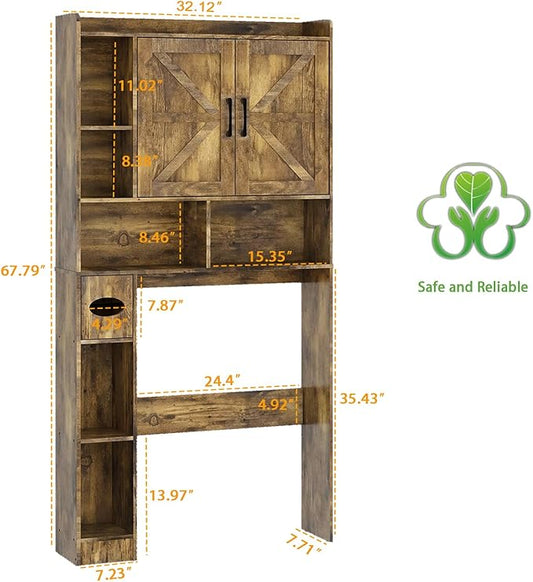 Vabches Over The Toilet Storage Cabinet, Farmhouse Storage Cabinet Over Toilet with 2 Barn Doors & Toilet Paper Holder Stand,Home Space-Saving Toilet Rack, for Bathroom, Restroom, Laundry.