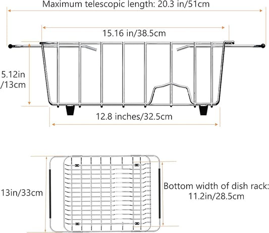 Stainless Steel Dish Drying Rack(15.2"L X 13"W X 5.8"H), Expandable Fruit & Vegetable Drain Rack over Sink, Dish Drainer Rack in Sink, with Stainless Steel Utensil Holder & Silicone Mat(16")