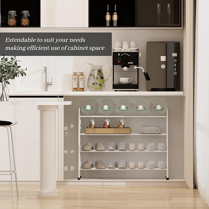 Expandable Shoe Rack, 4-Tier Metal Small Shoe Rack, Adjustable Shoes Organizer, Storage Shelf for Closet, Entryway, White