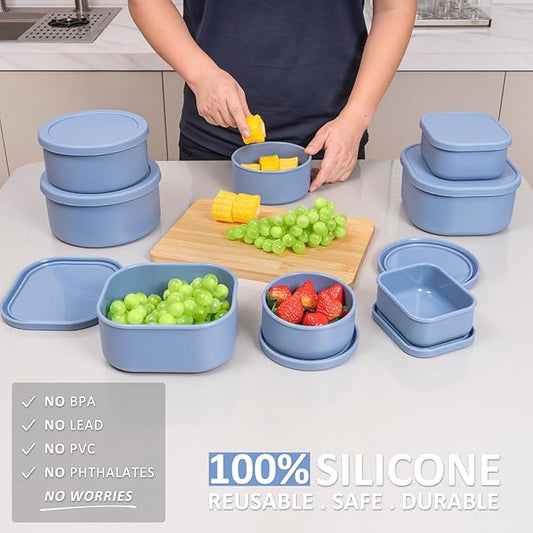 100% Silicone Food Storage Containers with Lids, 8 Pack, 10oz to 51oz, Reusable Leakproof Nesting & Stackable Silicone Bento Lunch Box, Microwave Freezer Dishwasher Oven Safe, BPA Free, Slate Blue