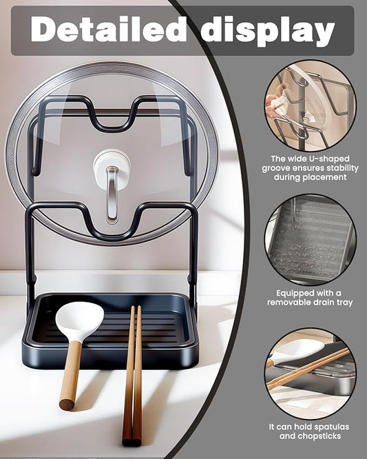 IENG Pot Lid Organizer Holder Rack for While Cooking Under Cabinet Crockpot Pan and Storage Crock Spoon Rest with Kitchen Top Double U-Shaped Slots Steel Countertop Counter Stainless Stand Drip Tray