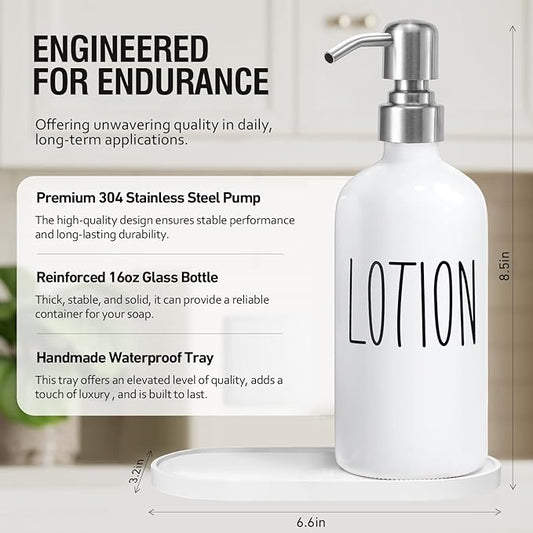MOMEEMO Hand Soap Dispenser for Bathroom, Soap and Lotion Dispenser Set with Silver Metal Pump, Suitable for Farmhouse Bathroom Decor. (White & Silver)