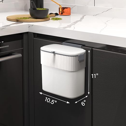 ELPHECO Hanging Trash Can with Lid 2.5 Gallon Kitchen Compost Bin for Under Sink, Plastic Wall-Mounted Garbage Can, Small Kitchen Trash Bin, Small Trash Can with Lid for Cupboard Countertop