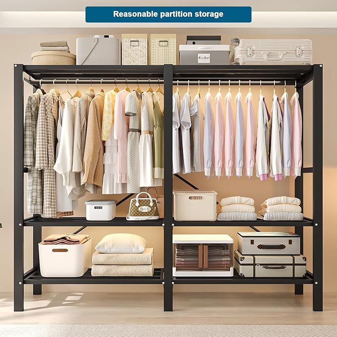 FPIGSHS 59in Heavy Duty Clothes Rack with Cover Foldable Covered Clothes Rack for Hanging Clothes portable Wardrobe Closet System Freestanding Coat Storage Garment Racks for bedroom (grey, 59in)