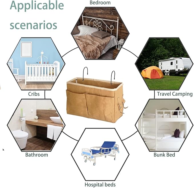 Someteth Bedside Caddy Bedside Hanging Storage Basket Multi-Function Organizer Caddy for Bunk and Hospital Beds Dorm Rooms Bed Rails, Can be Placed Glasses Books Mobile Phones(Dark khaki)