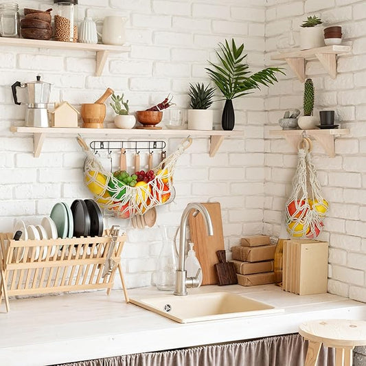 2 Pcs 11.8 x 20 Inch Large Macrame Fruit Hammock Under Cabinet Veggie Banana Hammock Hanging Fruit Basket Saves Counter Space for Kitchen Hand-woven Lace Hanging Basket for Kitchen(Novelty Style)