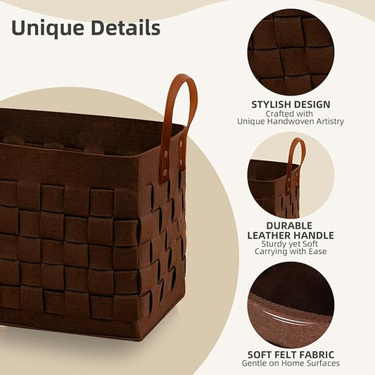 boldmonkey Laundry Basket 16.5 " x13 x13 , Large Rectangular Felt Fabric Blanket Basket with Leather Handle, Dirt Clothes Laundry Hamper for Babies, Dogs and Living Room-Brown