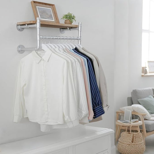 WEBI Wall Mounted Clothes Rack with Shelf,24" Industrial Pipe Clothing Rack with Shelf with Hanging Rod,Heavy Duty Iron Garment Rack Bar,Retail Display Clothes Rod for Laundry Room,Closet,Silver