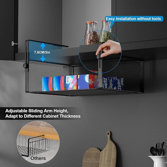 2Pack Under Shelf Basket Organizer,Adjustable Hanging Holder for Cabinet Pantry Kitchen Cupboard Desk Counter Bookshelf Organization Add-on Space Saver Heavy Duty Slide-in (Black, Large)