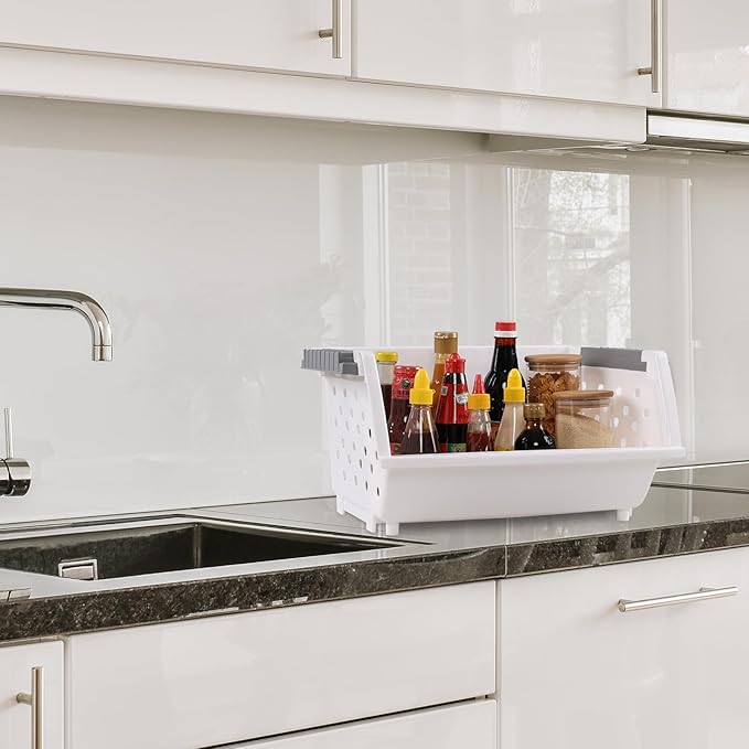4 Pack White Large Plastic Stackable Storage Bins, Organizer Kitchen Stacking Basket Bin