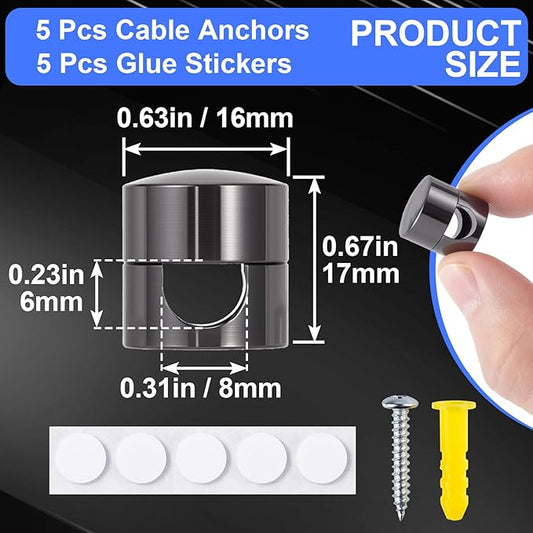 5 Sets Charger Holders for Cords, Black Adjustable Cable Anchor Holders, Adhesive Metal Cord Clips, Cable Management Wire Organizers for Desk, Office, Nightstand