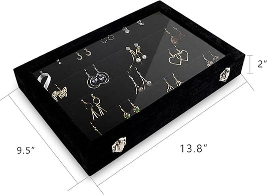 Frebeauty Earring Organizer Tray with Clear Lid 64 Slots Velvet Drawer Insert Earring Storage box with Transparent Glass lid Jewelry Display Case with lock Gifts for Women (Black, Earrings)