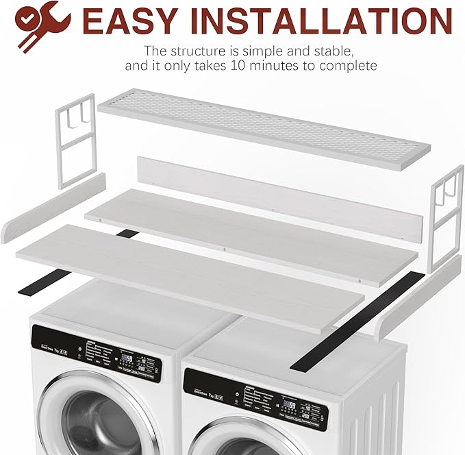 DTK Washer Dryer Countertop with Shelf, 27.55" Depth x 54" Width Laundry Wood Top Cover with Anti-Slip Strips, Over Washer and Dryer Wood Countertop with Edge Rails, White