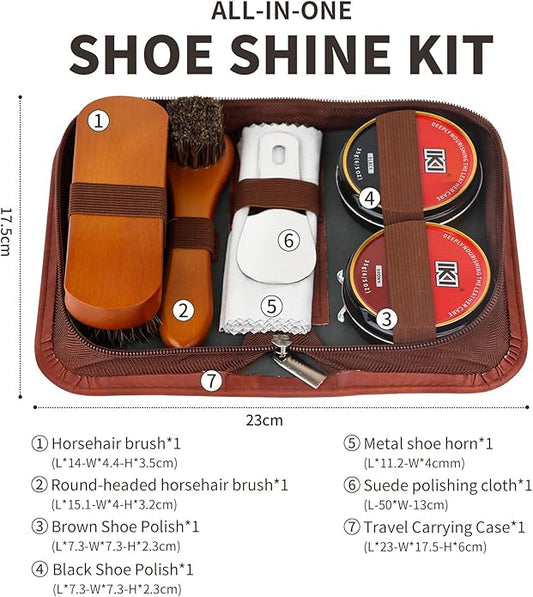 IKI Shoe Shine Polish Kit - 7PCS Leather Boot Care Kit with Black Shoe Polish Horsehair Brush Cloth Shoe Horn for Men