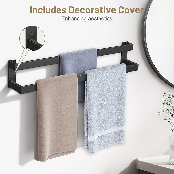 TNOMS Double Towel Bar,Towel Holder for Bathroom Stainless Steel Towel Rack Wall-Mounted Bathroom Towel Bar 24-Inch Bathroom Hardware Accessories,Matte Black