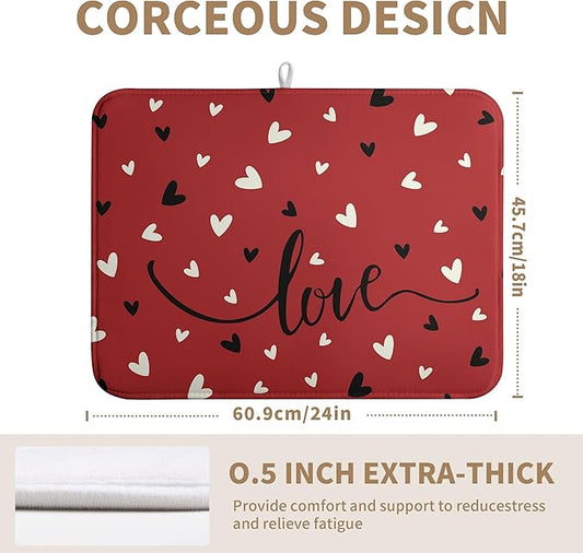Wnoesat Valentine Dish Drying Mat for Kitchen Counter Valentines Day Red Black Love Heart Holiday Drying Mats Absorbent Microfiber Dish Draining Mat Extra Large Dish Rack Pad 18x24 Inch