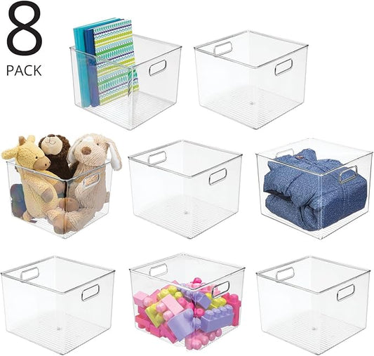 mDesign Plastic Deep Home Storage Organizer Basket Bin with Handles for Cube Furniture Shelving in Office, Closet, Bedroom, Laundry Room, Nursery, Kids Toy Room Shelf - Ligne Collection, 8 Pack, Clear