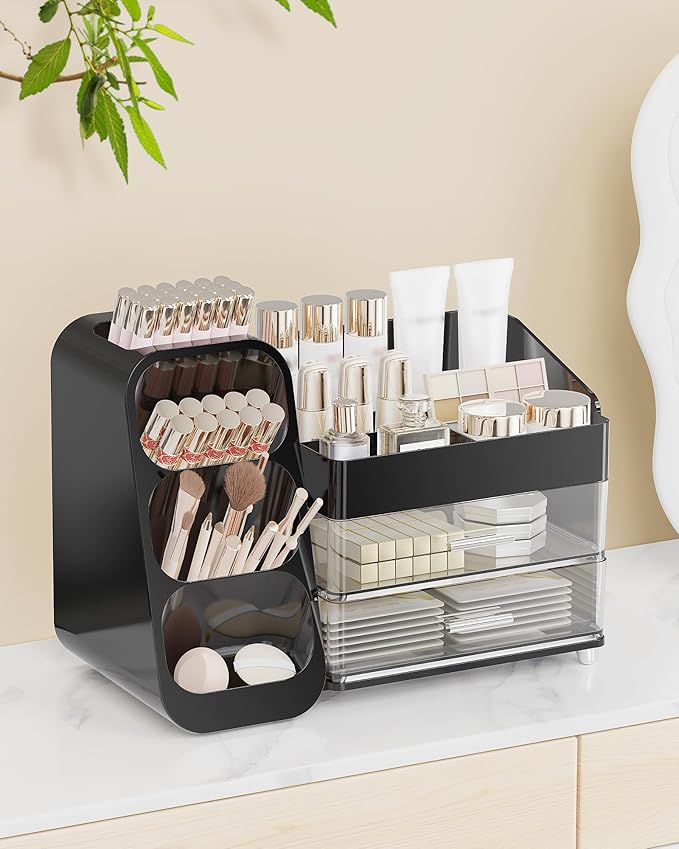 Anylady Makeup Organizer with Drawers, Skincare Organizer (Large Size Thick), Storage Box Cosmetic Display Cases, Make up Organizers for Vanity, Dresser, Desk, Kitchen, Countertop (black)