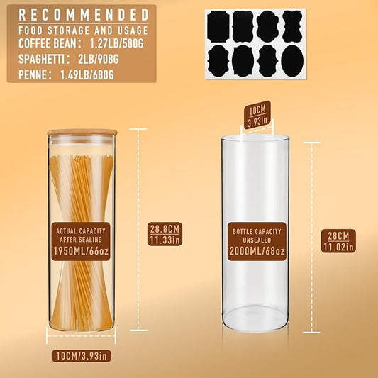 70oz Straight cylindrical Airtight Storage Jars with Bamboo Lid Set of 3 Storage Container Glass Jars, Kitchen Canister for Noodles, Pasta and Coffee beans (with Black Lable)