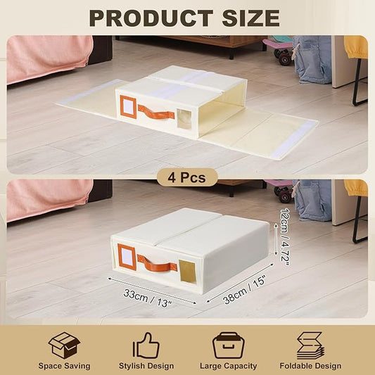 uxcell 4 Pack Bed Sheet Organizers and Storage with PU Handle, Foldable Bedding Duvet Cover Set Organizer Storage Closet and Under Bed Storage Containers, Beige