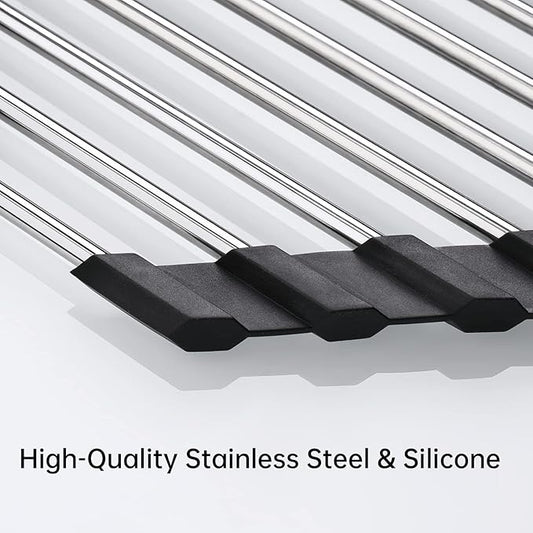 Tomorotec Foldable Stainless Steel Triangle Roll-Up Dish Drying Rack for Small Sink Corners - Over-The-Sink Multipurpose Kitchen Drainer, Rustproof Organizer, Trivet and Shelf - Space-Saving (Black)