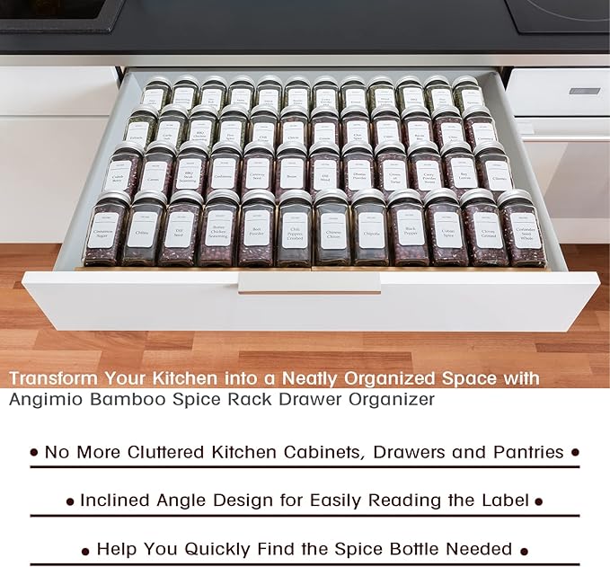Angimio Bamboo Spice Rack Drawer Organizer - 8 Pieces Set- 11" Wide Per Piece - Combine Pieces Into 22" Wide Rack (11" or 22")