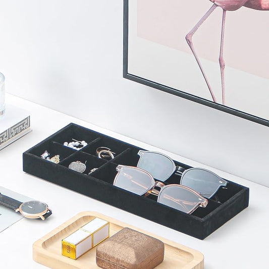 Divided Drawer Organizer Tray, Velvet Jewelry Storage Tray, Necklace Bracelet Ring Earring Display Tray,Bedside Nightstand Desk Holder Tray for Phone Watch Sunglasses Cosmetics Storage/Black/6grid