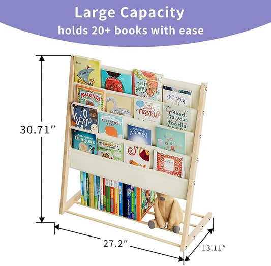 JAQ Kids Bookshelf for Small Space, 4-Tier Fabric Covered Woodgrain Metal Kid Book Shelf Rack Storage Organizer for Toddler Baby in Classroom Playroom Nursery Decor (30.71 inch,Yellow)