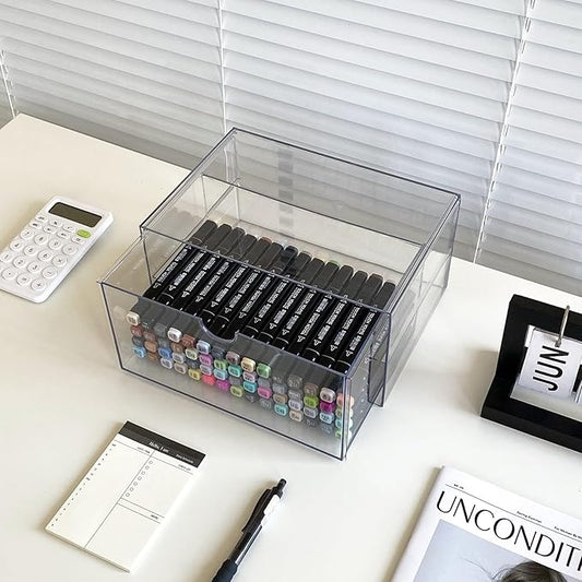 NINEWEEN Clear Desk Organizers and Accessories, 2 Pack Plastic Drawer Organizer for Office Supplies, Marker Pen, Art Crafts, Stationery, Coffee Pods, Stackable Home Storage (2 Drawers)