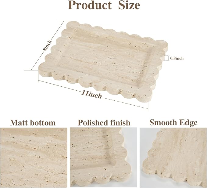 Luxury Beige Travertine Tray with Scalloped Edge, 11"x8" Rectangle Vanity Tray for Bathroom & Kitchen Counter, Decorative Organizer Tray for Dresser, Coffee Table, Home Décor