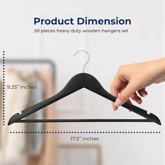 SereneLife 50-Pack Wooden Coat Hangers – Durable Suit Hangers with 360° Swivel Hook & Notches – Slim Design for Shirts, Jackets, Dresses, and More (Black)