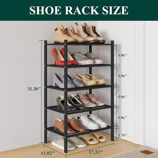Smiry Small Bamboo Shoe Rack 5-Tier, Stackable Wooden Shoe Organizer for Entryway & Closet, Free Standing Wood Shoe Storage Shelf for Front Door & Small Spaces, Black