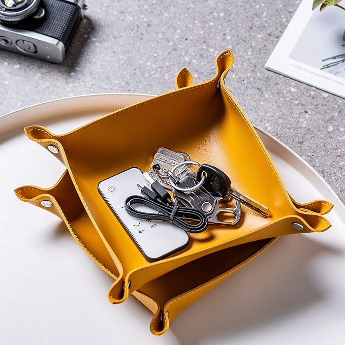 SANQIANWAN Leather Jewelry Valet Tray for Women and Man, Portable Entryway Table Tray Bedside Nightstand Desk Tray Small Catchall Travel Dish Plate for Key,Wallet,Watch,Coin (8x8, Yellow-B)