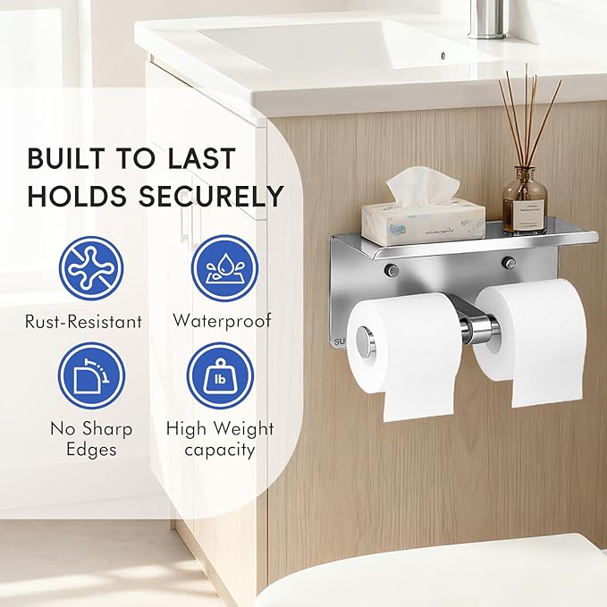 4 Pack Double Toilet Paper Holder with Shelf, Wall Mount Tissue Roll Holder, Heavy Duty 304 Stainless Steel Commercial Toilet Paper Dispenser with Phone Shelf for Home, Hotel, Office, Restaurant