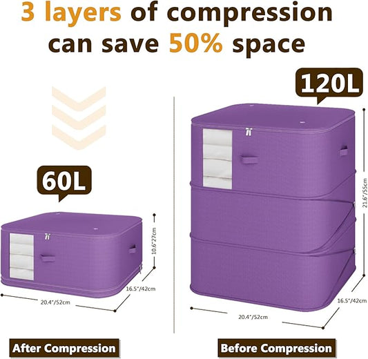 3-Layer Compressible with Zippers Blanket & Comforter Storage Bag,Ultra Space Saving Self Compression Organizer,Save 50% Space, 2 PCS,Purple