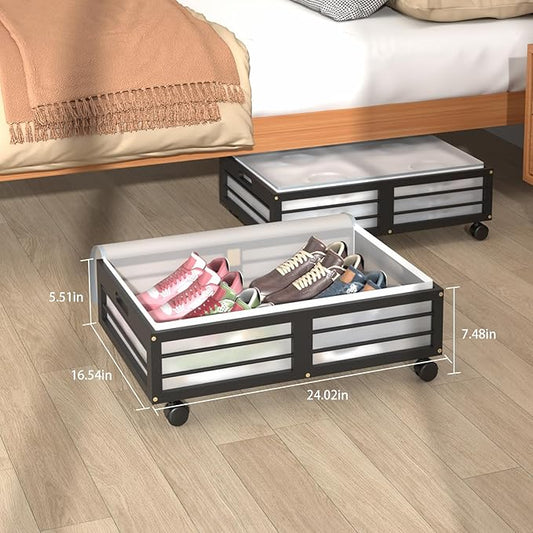 Under Bed Storage Containers with Wheels, Larger Bamboo Wood Under Furniture Storage Containers with Dust Bags,Rolling for Shoes Clothes