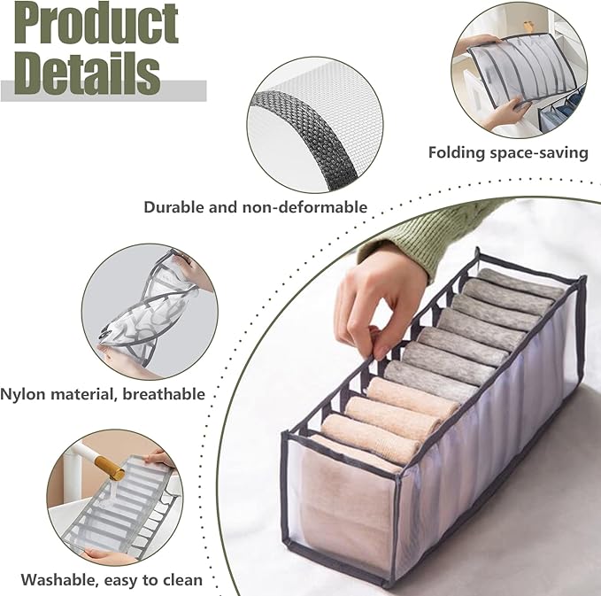 TOOVREN Sock Drawer Organizer 3 Pack, Mesh Foldable Cabinet Closet Organizers and Storage Boxes for Storing Underwear, Ties, Panties