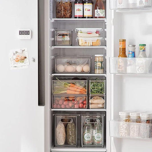 Mano Stackable Fridge Drawers Pull Out Bins with Handle Clear Refrigerator Drawers Organizer Food Storage Container Box with Dividers Plastic Produce Saver for Pantry, Cabinet, Kitchen, Clothes(7Pack)
