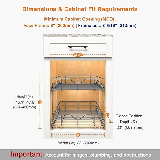 ALINE FURNITURE 2-Tier Pull Out Cabinet Organizer - 8" W x 22" D Soft Close Sliding Shelves with Shelf Liners - Pullout Drawers for Kitchen Cabinets, Pantry, Bathroom, Heavy Duty Steel Wire Baskets