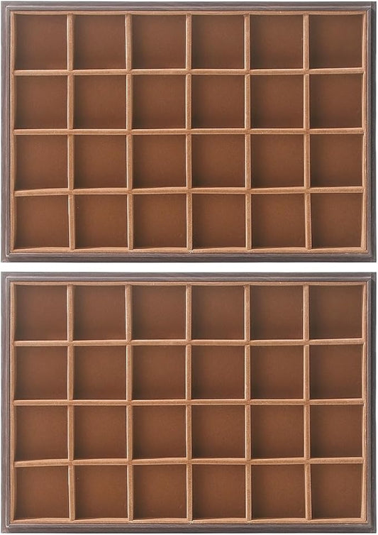 2Pcs/Set Wood Jewelry Organizer Tray, Stackable 24 Grid Jewelry Display Tray for Drawer, Rings Earring Storage Case, Necklace Accessories Display Holder for Store Selling or Home Show