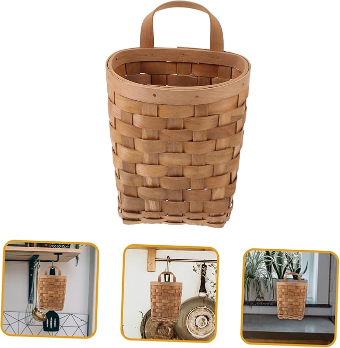 Woven Storage Baskets Natural Wood Hanging Organizer Wall Mounted Compact Kitchen Storage Basket for Utensils Cosmetics and Decor Load Bearing Carbonized Color