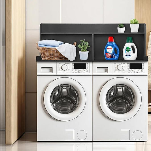 Royxen 2-Tier Washer Dryer Countertop,19.5"H Wood Washer and Dryer Topper with Storage Shelf,Laundry Countertop Over Washer Machine, Universal Fit for Laundry Room Organization (Black, 54"W X 27.5"D)