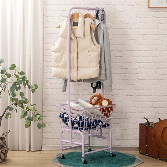 ALIMORDEN Laundry Cart with Clothes Rack, Rolling Laundry Butler with Wire Storage Rack,Purple