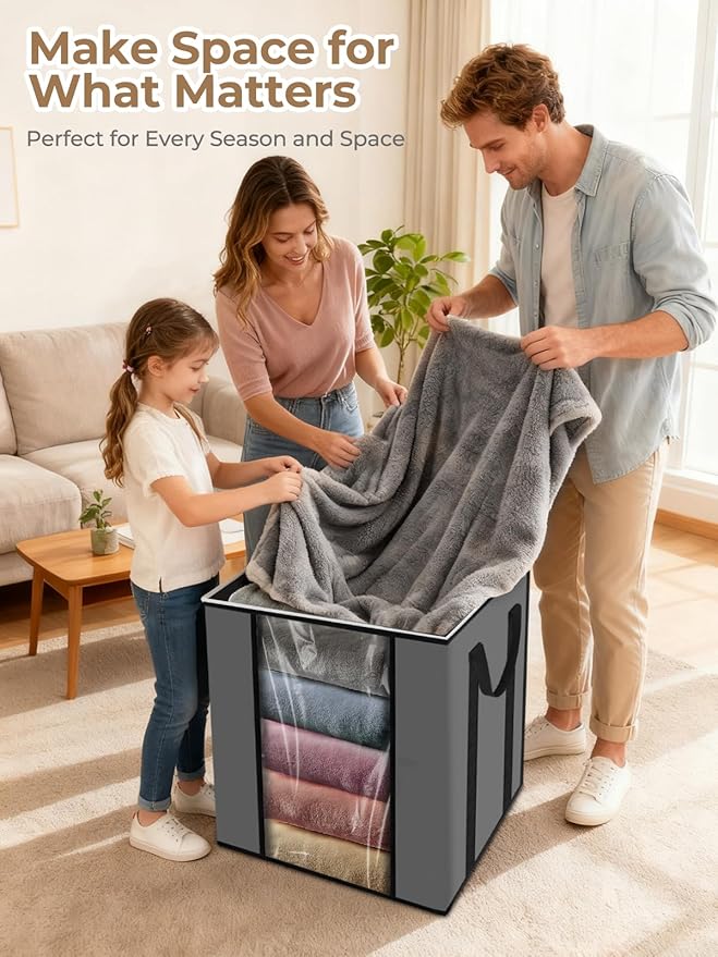 boailydi 120L Extra Large Blanket & Clothes Storage Bags for Bedding & Comforters & PillowāFoldable Thick Waterproof Fabric with Clear Window,Dual Zippers & Sturdy Handles,3 Pack Seasonal Organization