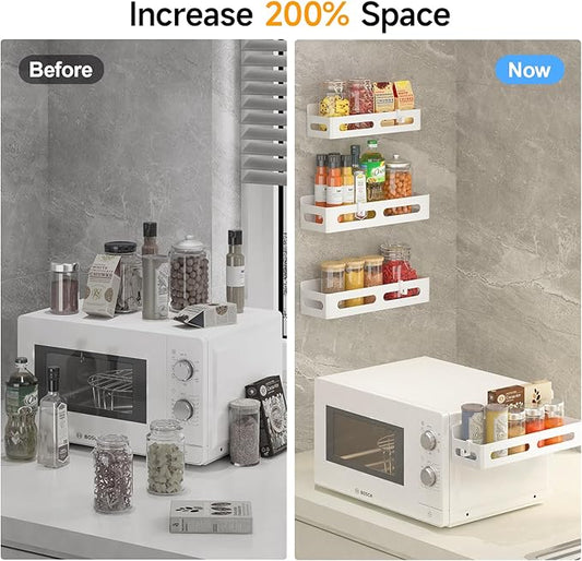 2 Pack Strong Magnetic Spice Rack for Refrigerator, Multipurpose Magnetic Shelf for Fridge with 4 Hooks for kitchen and Bathroom Organization, White