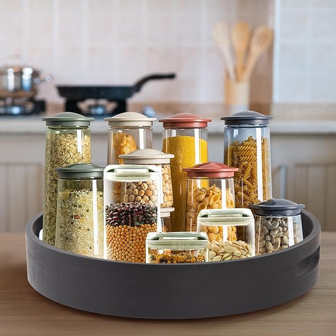 13in Bamboo Lazy Susan Organizer Turntable for Cabinet for Table Top, Spice Organization Round Rotating Serving Tray Turntable Seasoning Organizer for Kitchen(Black Bamboo)