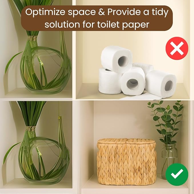 Toilet Paper Basket with Lid, Woven Natural Water Hyacinth Toilet Paper Storage, Papers Container for 4 Mega Rolls, Storage Holder with Built-in Handles, Slim Bathroom Stand Basket Organizer for Decor